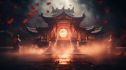 Obraz premium Mystical temple illuminated by full moon during Chinese New Year with floating petals in the air