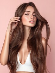 Obraz premium Confident and Glamorous Woman with Shimmering Long Brown Hair Posing in Studio