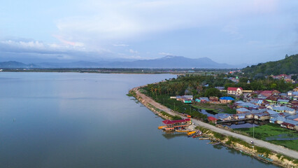 Aerial view of the village in the middle of the lake.