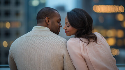 Romantic Couple Sitting Together at Sunset in the City