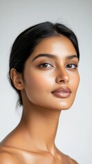 Fototapeta premium Captivating Close Up Portrait of a Radiant Indian Beauty in Minimalist Studio Setting