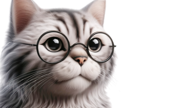 Fluffy gray tabby cat wearing round glasses, isolated on a white background, creating a clean and humorous concept of style and intelligence. Ai generative.