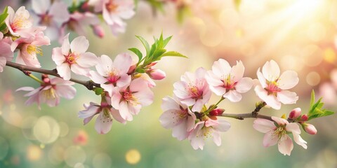 Fototapeta premium Delicate pink blossoms on a branch bathed in soft sunlight, a springtime scene of natural beauty
