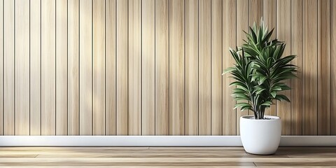 Minimalist Interior Design with Wooden Wall and Plant in White Pot, Interior Design, Minimalist, Home Decor, Generative Ai
