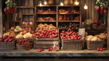 Design a rustic fruit stall showcasing fresh strawberries, cherries, and nectarines in wooden crates or baskets.
