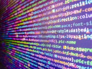 Data encryption security code on a computer display. Software developer web program script. Computer html code on screen. Shows the root of the disk on the server. Seamless  pattern. Pink color.