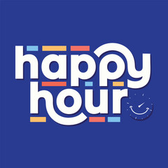 Happy hour logo with modern typography and colorful elements. Happy hour sticker, label, tag for black Friday, cyber monday sale, beer fest party discount. Business marketing and promotion sign.