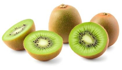 Fototapeta premium A set of Kiwi isolated on a white background. It includes whole,halved and slice, all with full depth of field. --ar 7:4