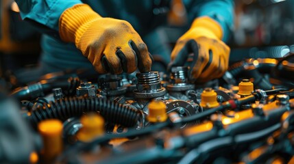 Close-up view of a mechanic assembling engine components in a workshop setting