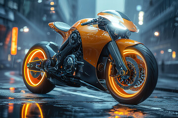 A neon orange motorcycle is parked on a wet street