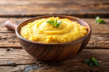Macro Polenta Photography: Closeup Brown Bowl Wooden Table Texture Food
