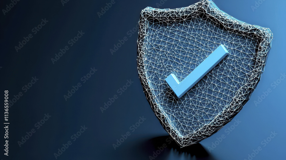 Poster polygonal wireframe shield with check mark symbolizes security and trust. this modern design represe