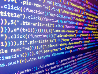 Binary code with zeros and ones on a computer screen. Digital technology industry concept development of programming and coding technologies. Flight information display screen board. Blue color.