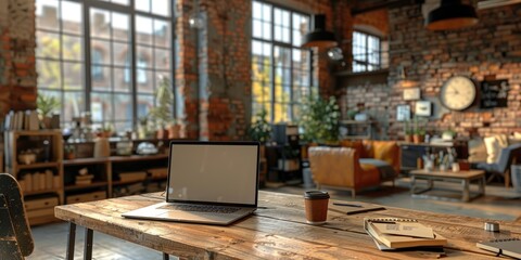 Cozy workspace with blank screen laptop on wooden desk in urban setting with warm lighting