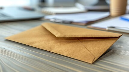 Mockup of a brown envelope on a wooden desk with office supplies in a modern workspace