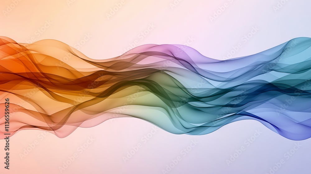 Poster a vibrant flow of colorful waves in shades of orange, purple, green, and blue on a soft gradient bac