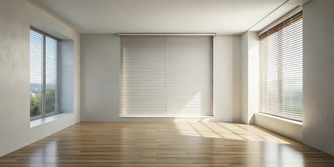 Fototapeta premium Empty room with large windows and light wood floors, sunlight streaming through venetian blinds