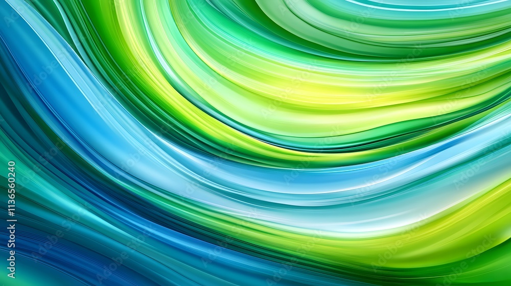Poster swirling patterns of vibrant blue and green waves creating a fluid motion effect for a fresh and ene