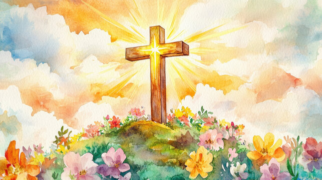 A serene depiction of a wooden cross surrounded by colorful flowers under a radiant sky, symbolizing hope and renewal.