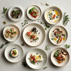 Assorted Gourmet Dishes on Elegant Plates, Minimalist Style, Culinary Art, Fresh Ingredients