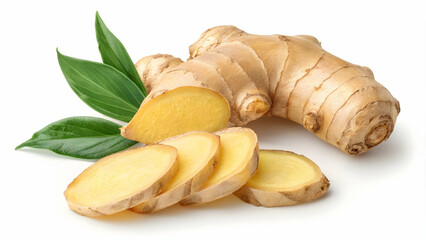 Fresh Ginger Root and Slices with Green Leaves on White Background