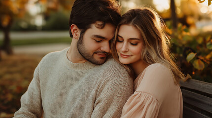 Obraz premium Romantic Couple Sitting in a City Park at Sunset