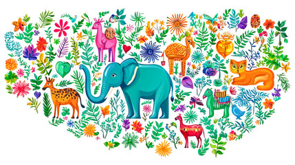 Heart-shaped illustration of animals and flowers.