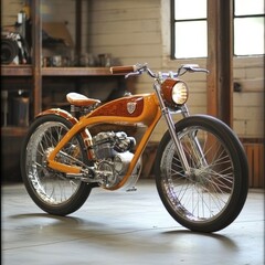 Obraz premium Vintage Custom Motorcycle in Workshop, Retro Style, Warm Colors, Collector's Item