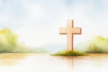 A serene cross stands by a peaceful water reflection, surrounded by lush greenery, evoking tranquility and faith.