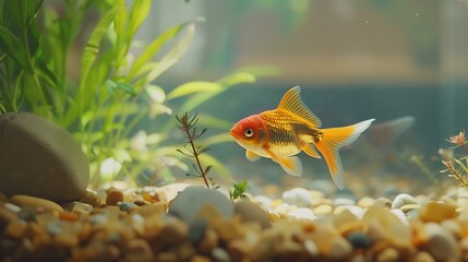 A goldfish swimming in a clean aquarium with pebbles and plants.