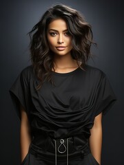 A woman in a black dress with a black belt