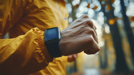 runner checks their smartwatch while jogging in forest during autumn. vibrant yellow jacket contrasts with natural surroundings, creating dynamic scene