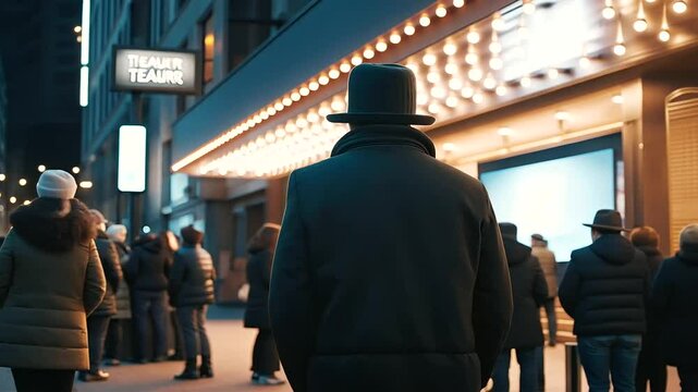 People Waiting Outside Movie Theater Under Marquee Lights