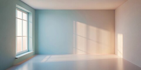 Empty room with pastel walls and sunlight streaming through a window