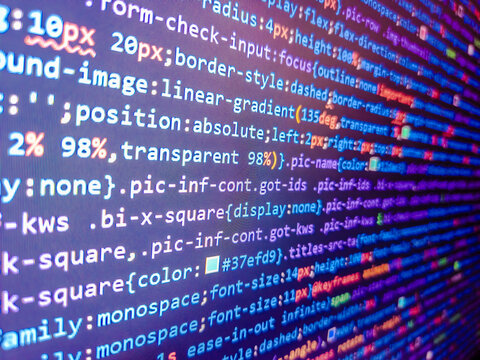 Software source code. Background to programmers job offer. Javascipt with web programming. Code on monitor. Abstract modern virtual computer script. Computer programming source code.