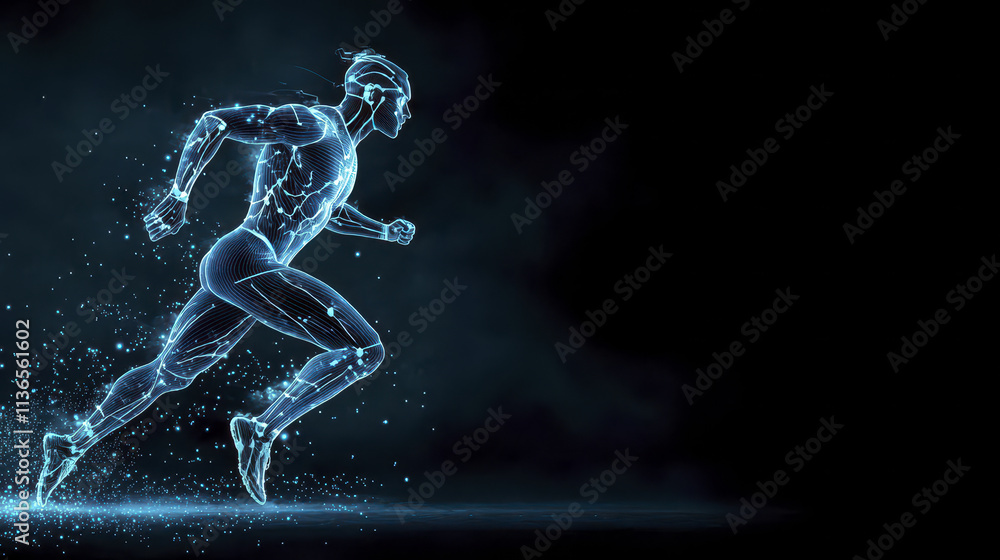 Poster dynamic illustration of running man in futuristic, glowing style, showcasing athleticism and energy.