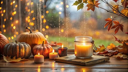 Autumnal Still Life with Pumpkins and Burning Candles on a Windowsill