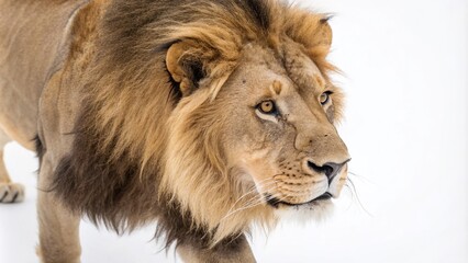 Majestic Lion on Pure White Background for Stunning Drone Photography, Perfect for Wildlife Enthusiasts, Nature Lovers, and Educational Purposes