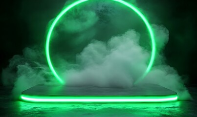 Green Neon Glow with Smoke and Platform, product display, 3D rendering, neon light , smoke effect, Generative Ai