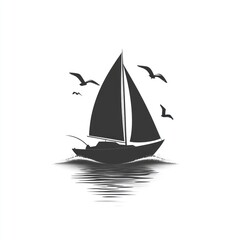 Fototapeta premium Silhouette of sailboat on water with birds.