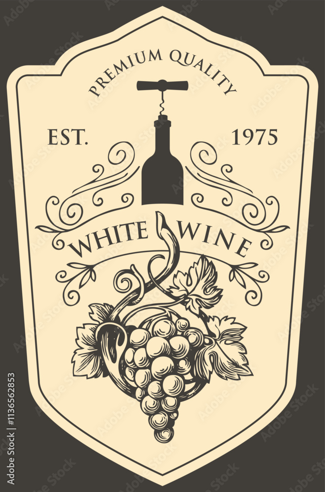 Poster wine label with a bunch of grapes, bottle with corkscrew and inscriptions in retro style. vector han