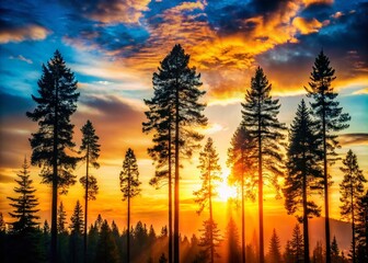Majestic Pine Forest Silhouettes: Dark Woodland Scene, Nature Photography, Copy Space, Right Composition