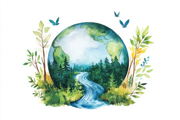 Watercolor illustration of Earth with lush forests and flowing rivers, a symbol of sustainability and environmental care.