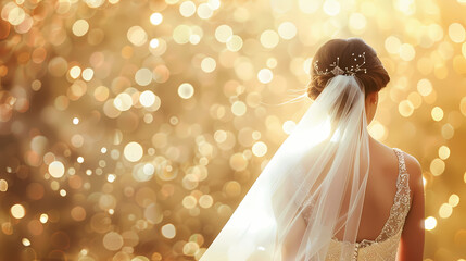 Golden Hour Bride: A bride in a flowing white gown stands with her back to the camera, her veil flowing in the gentle breeze.
