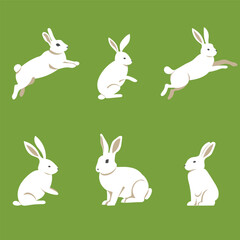 Easter bunny set. Flat style cute isolated on monochrome background. Composition. Hares and rabbits sitting and moving. Vector image. Great for Easter cards and compositions with bunnies.