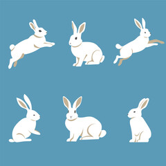 Easter bunny set. Flat style cute isolated on monochrome background. Composition. Hares and rabbits sitting and moving. Vector image. Great for Easter cards and compositions with bunnies.