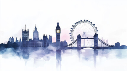 Obraz premium A watercolor illustration of iconic London landmarks beside the River Thames.