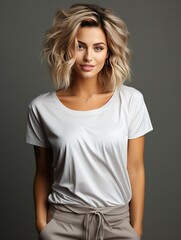 Fototapeta premium A woman with blonde hair and a white shirt is posing for a photo