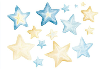 Obraz premium A whimsical watercolor illustration of stars in soft blue and cream hues, perfect for children's themes and dreamy designs.