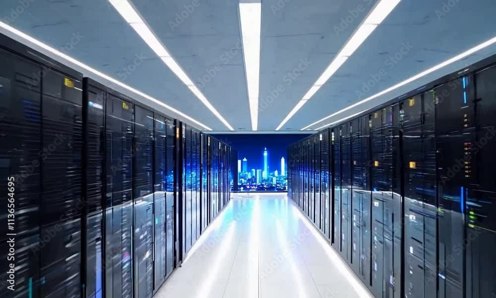 Poster modern data center corridor with server racks and lights